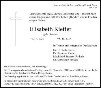 Traueranzeige von Elisabeth Kieffer von  Allgemeine Zeitung Mainz