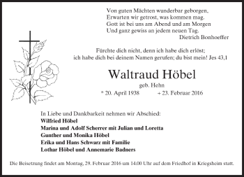 Traueranzeige von Waltraud Höbel von  Wormser Zeitung
