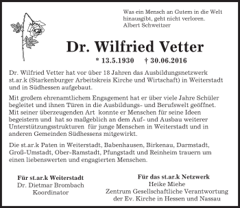 Traueranzeige von Wilfried Vetter von Trauerportal Echo Online