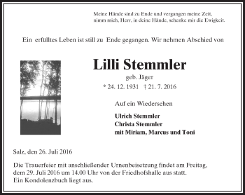 Traueranzeige von Lilli Stemmler von VRM Trauer