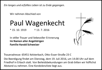 Traueranzeige von Paul Wagenkecht von Trauerportal Echo Online
