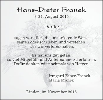 Traueranzeige von Hans-Dieter Franek von  Gießener Anzeiger