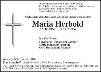 Traueranzeige von Maria Herbold von Trauerportal Rhein Main Presse