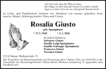 Traueranzeige von Rosalia Giusto von  Allgemeine Zeitung Mainz