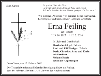 Traueranzeige von Erna Feiling von VRM Trauer