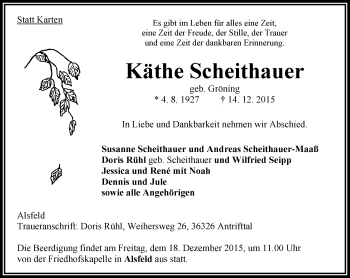 Traueranzeige von Käthe Scheithauer von VRM Trauer