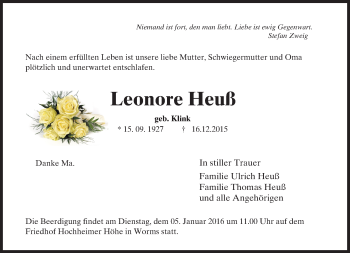 Traueranzeige von Leonore Heuß von  Wormser Zeitung