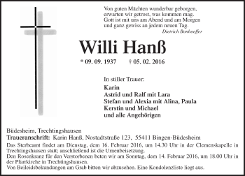 Traueranzeige von Willi Hanß von  Allgemeine  Zeitung Ingelheim-Bingen