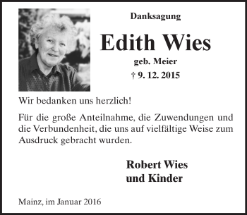 Traueranzeige von Edith Wies von  Allgemeine Zeitung Mainz