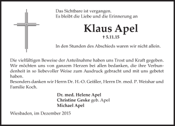Traueranzeige von Klaus Apel von  Wiesbaden komplett