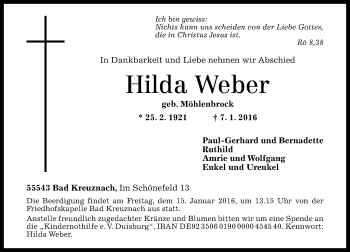 Traueranzeige von Hilda Weber von  Allg. Zeitung Bad Kreuznach