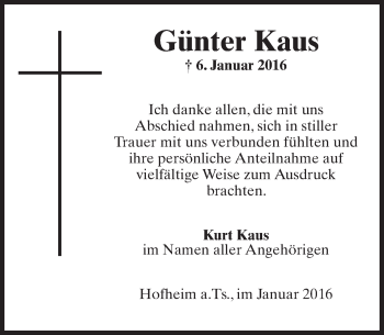Traueranzeige von Günter Kaus von  Hofheimer Zeitung