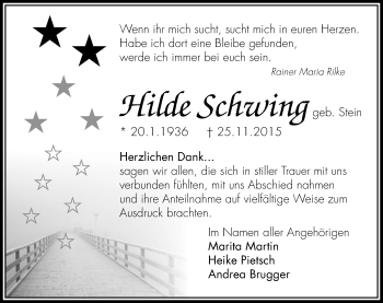 Traueranzeige von Hilde Schwing von  OK Oberhessen Kurier