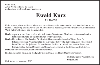 Traueranzeige von Ewald Kurz von  Landskrone