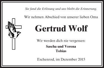 Traueranzeige von Gertrud Wolf von  Kreisanzeiger