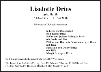 Traueranzeige von Liselotte Dries von  Wiesbaden komplett