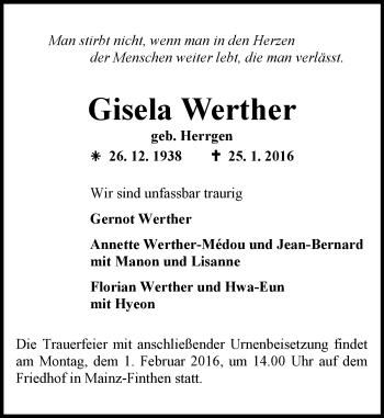 Traueranzeige von Gisela Werther von  Allgemeine Zeitung Mainz