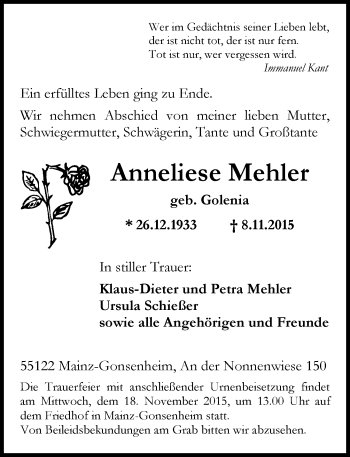 Traueranzeige von Anneliese Mehler von  Allgemeine Zeitung Mainz