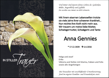 Traueranzeige von Anna Gennies von  Allgemeine Zeitung Alzey