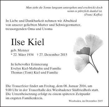 Traueranzeige von Ilse Kiel von  Wiesbaden komplett