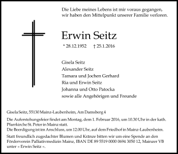 Traueranzeige von Erwin Seitz von  Allgemeine Zeitung Mainz