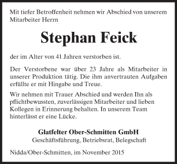 Traueranzeige von Stephan Feick von  Kreisanzeiger