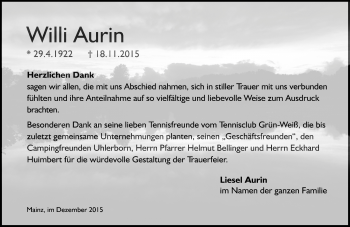 Traueranzeige von Willi Aurin von  Allgemeine Zeitung Mainz