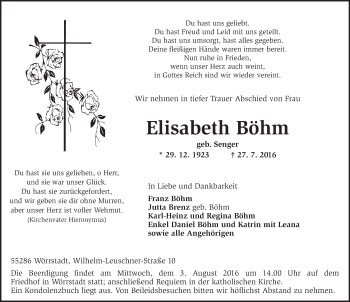 Traueranzeige von Elisabeth Böhm von Trauerportal Rhein Main Presse
