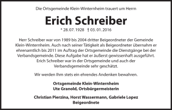 Traueranzeige von Erich Schreiber von trauer.rmp.de