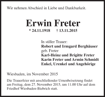 Traueranzeige von Erwin Freter von  Wiesbaden komplett