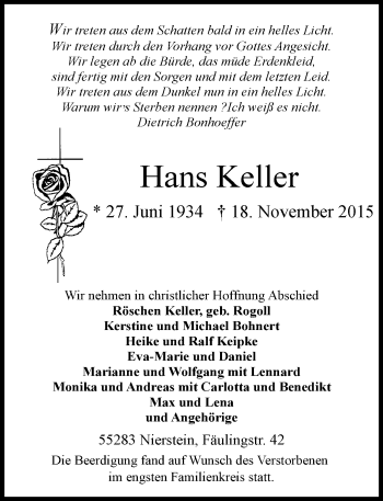 Traueranzeige von Hans Keller von  Landskrone