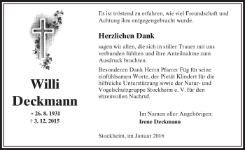 Traueranzeige von Willi Deckmann von  Sonntags Anzeiger