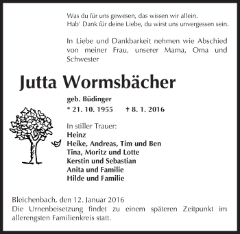 Traueranzeige von Jutta Wormsbächer von  Kreisanzeiger