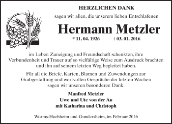 Traueranzeige von Hermann Metzler von  Allgemeine Zeitung Alzey