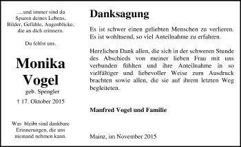 Traueranzeige von Monika Vogel von  Allgemeine Zeitung Mainz