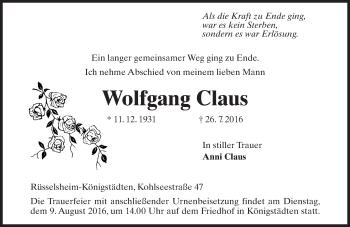 Traueranzeige von Wolfgang Claus von Trauerportal Rhein Main Presse