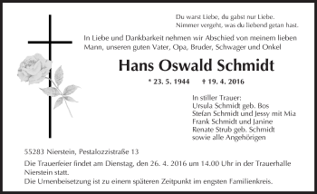 Traueranzeige von Hans Oswald Schmidt von  Landskrone