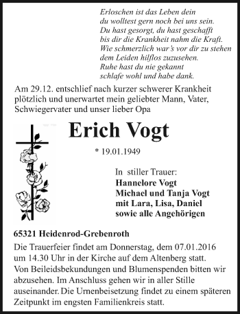 Traueranzeige von Erich Vogt von  WK-UTA/Aar-Bote