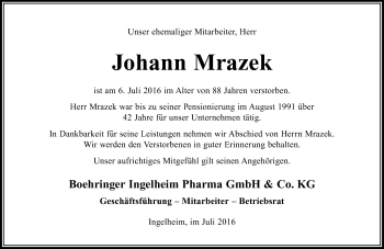 Traueranzeige von Johann Mrazek von Trauerportal Rhein Main Presse