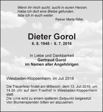 Traueranzeige von Dieter Gorol von Trauerportal Rhein Main Presse