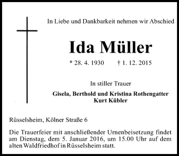 Traueranzeige von Ida Müller von  Mainspitze