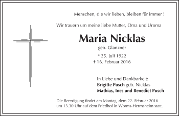Traueranzeige von Maria Nicklas von  Wormser Zeitung