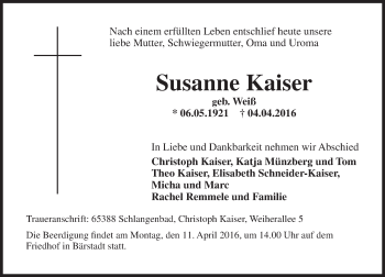 Traueranzeige von Susanne Kaiser von  WK-UTA/Aar-Bote