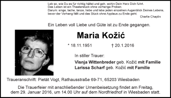 Traueranzeige von Maria Kozic von  Wiesbaden komplett