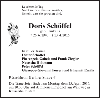 Traueranzeige von Doris Schöffel von  Mainspitze