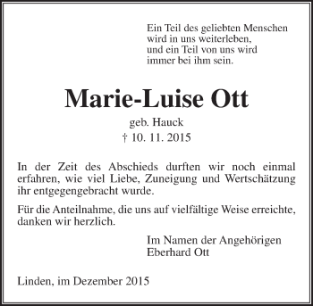Traueranzeige von Marie-Luise Ott von  Gießener Anzeiger