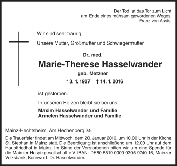 Traueranzeige von Marie-Therese Hasselwander von  Allgemeine Zeitung Mainz