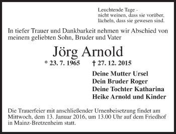 Traueranzeige von Jörg Arnold von  Allgemeine Zeitung Mainz