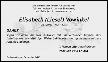 Traueranzeige von Elisabeth Vowinkel von  Allgemeine Zeitung Mainz