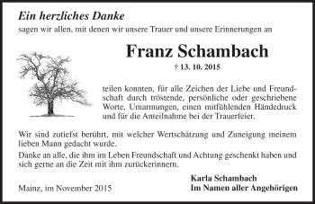 Traueranzeige von Franz Schambach von  Allgemeine Zeitung Mainz